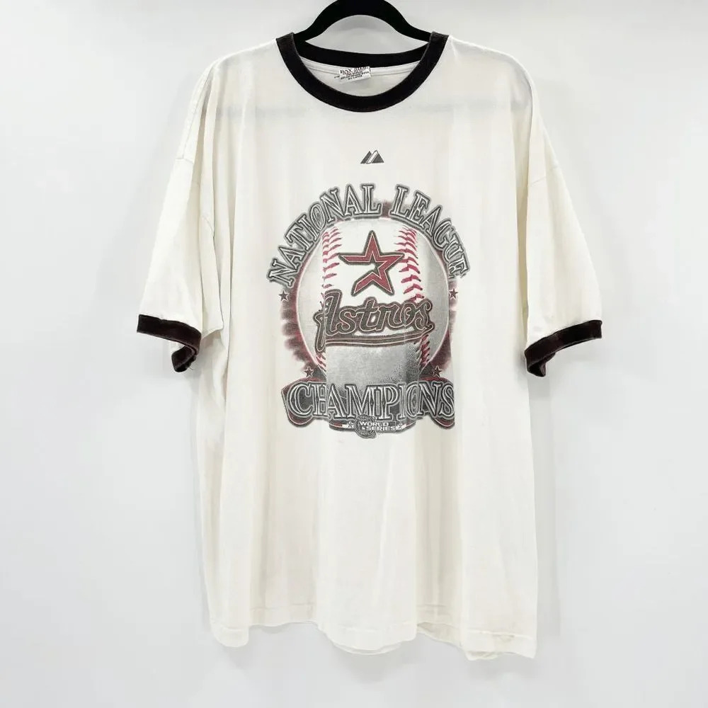 MLB Astros T Shirt Men's 2X White Black Trim Graphic‎ Crew Neck Cotton